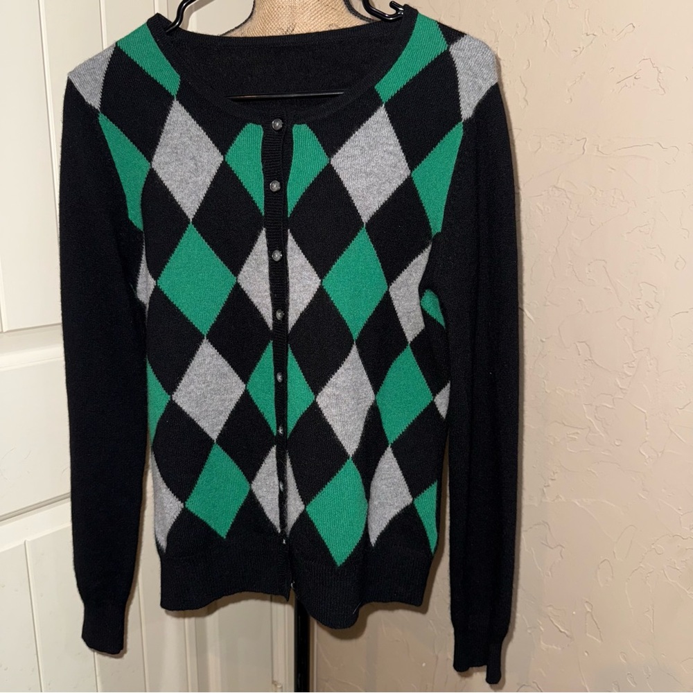 Quiet Luxury 100% Cashmere Cardigan Argyle Sweater Button Black Green Preppy - Picture 2 of 6
